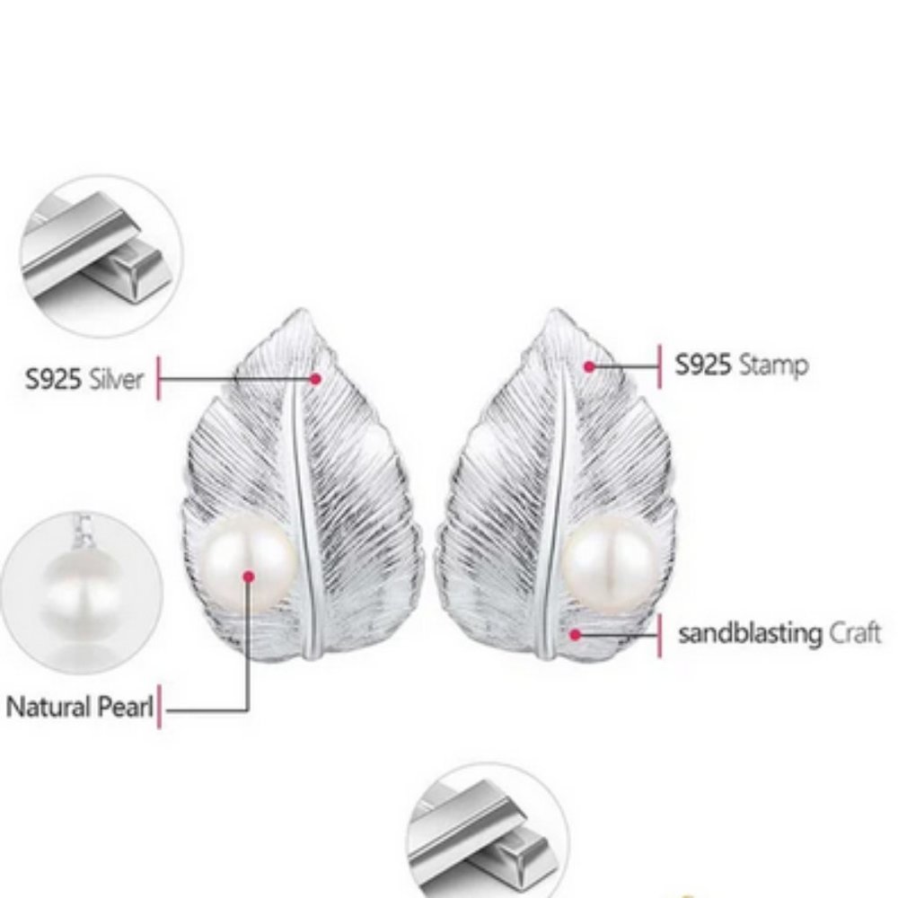 925 Sterling Sliver Pearl & Leave Stud Earrings - Picture 4 of 9